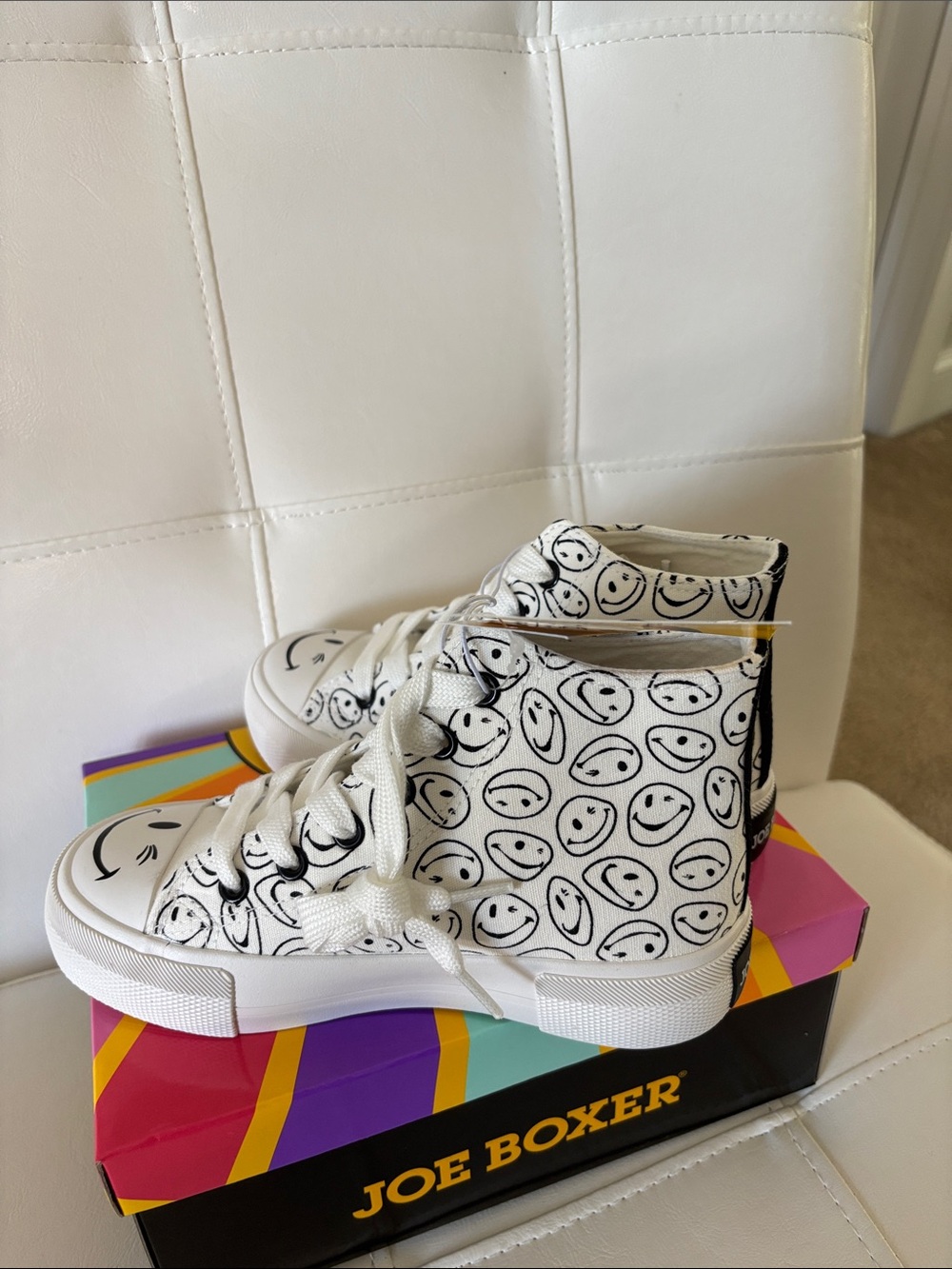 Joe Boxer White High-Top Sneakers with Black Smiley Print